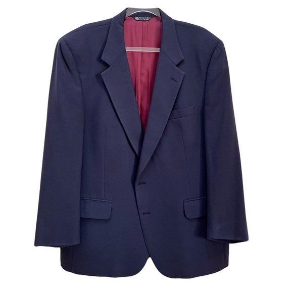Vintage Halston Navy Wool Blazer Union-Made in USA Branded H Gold Button Preppy